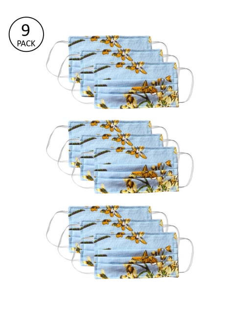 

Bellofox Unisex Pack Of 9 Blue & Yellow Printed 3-Ply Pure Cotton Masks