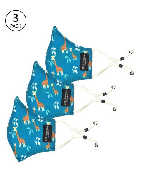 

Bellofox Unisex Pack Of 3 Blue & Orange Giraffe Printed 3-Ply Pure Cotton Masks