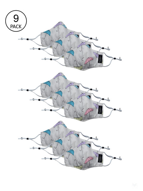 

Bellofox Unisex Pack Of 9 White & Blue Printed 3-Ply Pure Cotton Reusable Masks