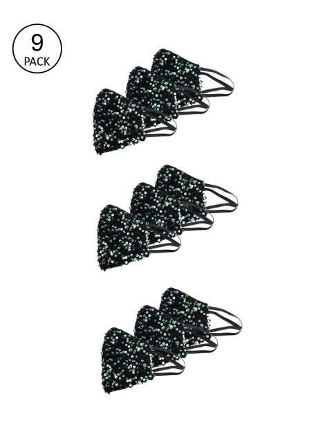 

Bellofox Unisex Pack Of 9 Black & Green Embellished 3-Ply Reusable Pure Cotton Masks