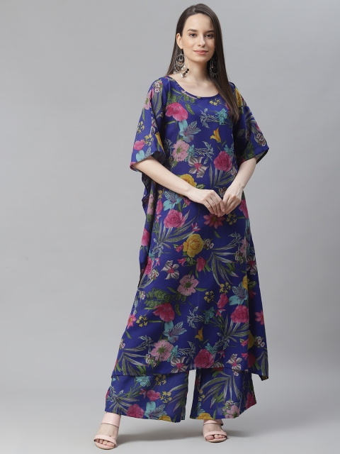 

Cottinfab Women Blue Floral Printed Regular Kaftan Kurta with Palazzos