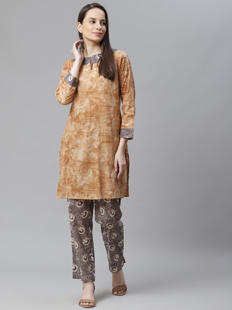 

Cottinfab Women Beige Ombre Printed Regular Kurta with Trousers