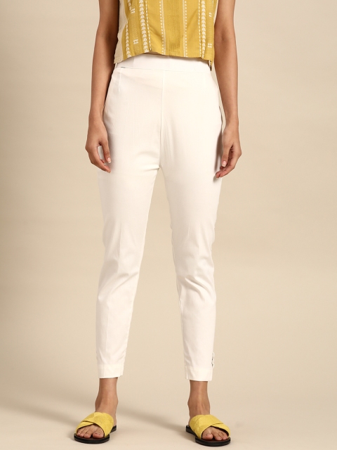 

Saadgi Women Off White Comfort Fit High-Rise Easy Wash Cigerette Trousers