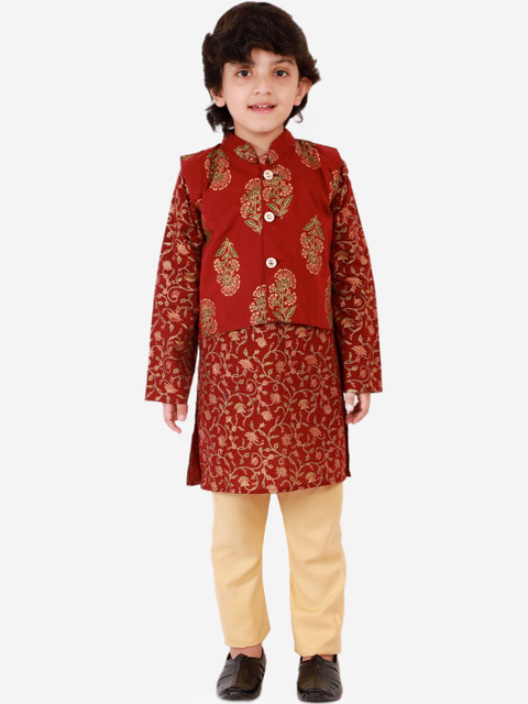 

KID1 Boys Maroon Ethnic Motifs Block Print Pure Cotton Kurta with Pyjamas & Jacket