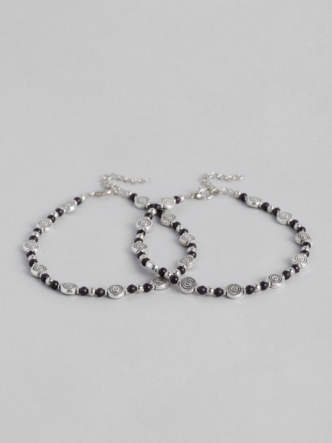 

LAIDA Set of 2 Oxidized Silver-Toned & Black Rhodium-Plated Beaded Handcrafted Anklets