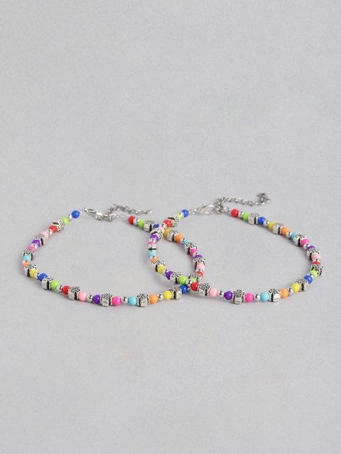 

LAIDA Set of 2 Oxidized Silver-Plated Multicolored Beaded Handcrafted Anklets, Multi