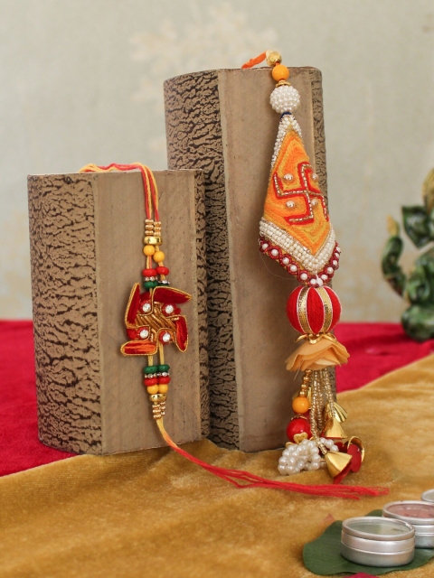 

TIED RIBBONS Multicoloured Handmade Lumba Rakhi Set with Card & Roli Chawal, Multi