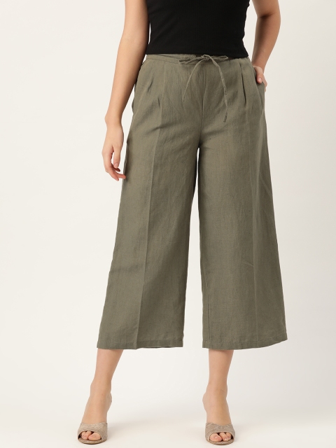 

Ancestry Women Olive Green Linen Cotton High-Rise Pleated Cropped Parallel Trousers