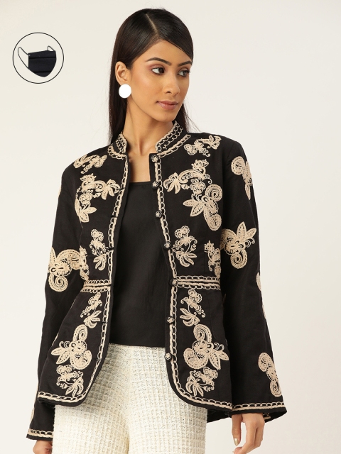 

Ancestry Women Black & Beige Embroidered Tailored Jacket with Face Mask