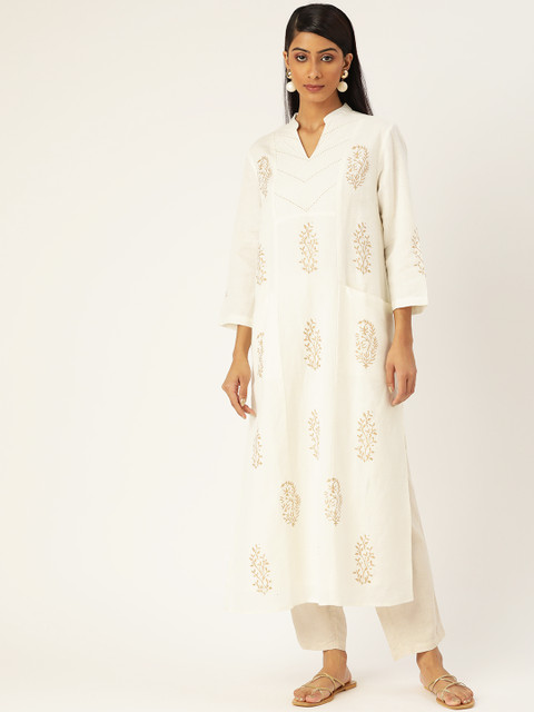 

Ancestry Women Off White & Golden Linen Blend Ethnic Motifs Printed Kurta