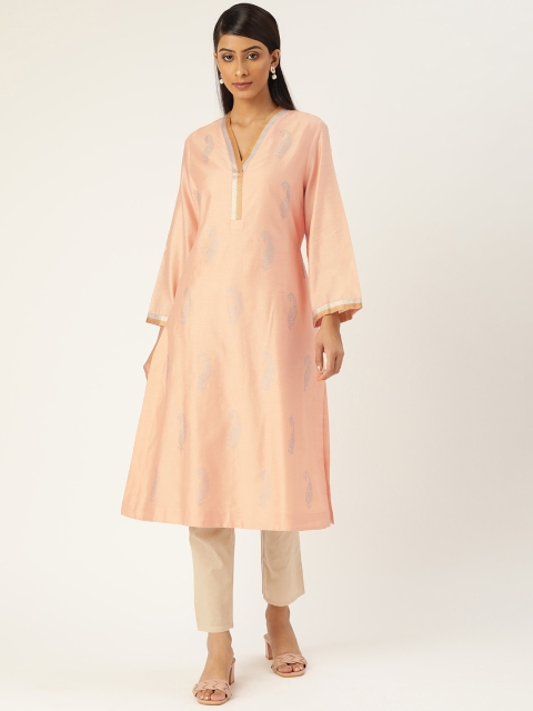 

Ancestry Women Peach-Coloured & Silver Ethnic Printed Kurta