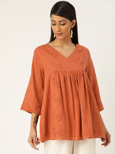 

Ancestry Women Rust Orange Schiffli Embroidered Pure Cotton Wrap Top
