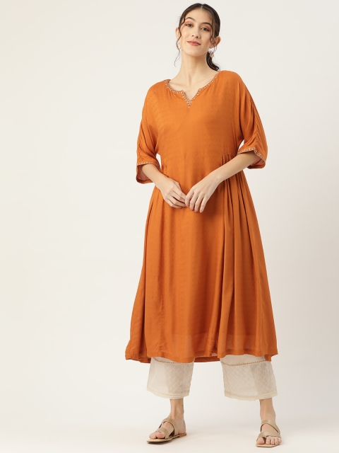 

Ancestry Women Rust Orange Woven Design Extended Sleeves Kurta