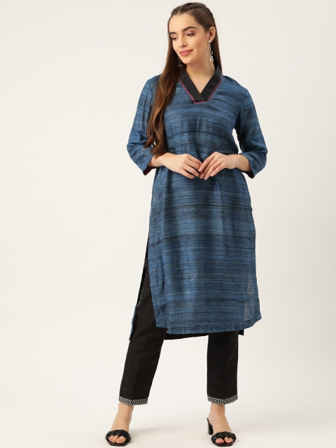 

Ancestry Women Navy Blue Self Designed Straight Kurta