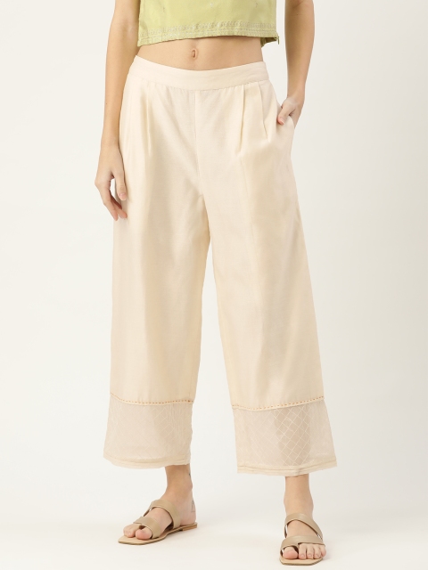 

Ancestry Women Off White Solid High-Rise Parallel Trousers