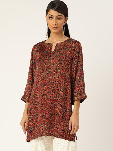 

Ancestry Maroon & Black Ajrak Printed Straight Kurti
