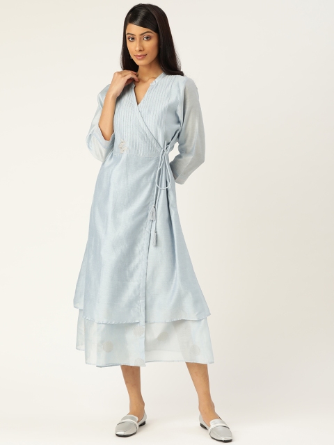 

Ancestry Blue Chanderi Solid Midi Wrap Dress