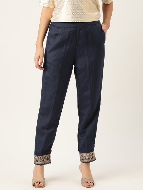 

Ancestry Women Navy Blue Solid High-Rise Cigarette Trousers