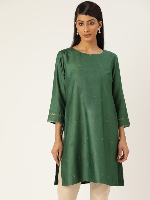 

Ancestry Women Green & Golden Ethnic Motifs Embellished Kurta