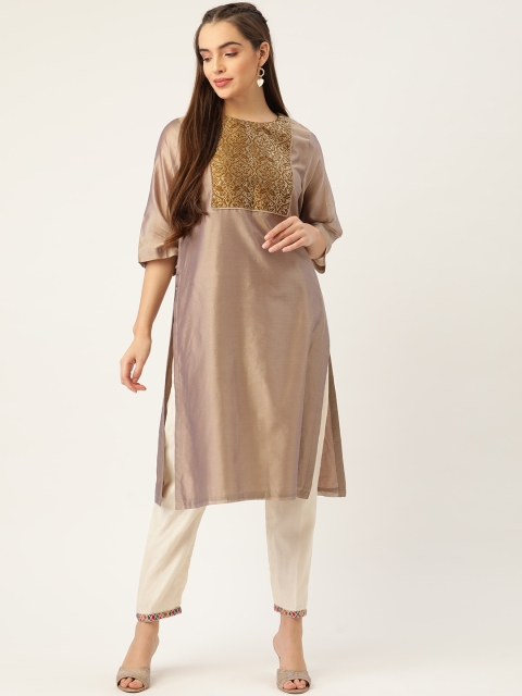 

Ancestry Women Taupe Ethnic Motifs Yoke Design Kurta