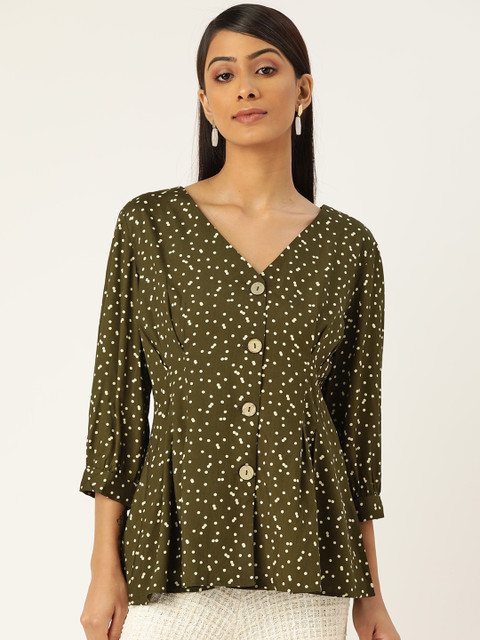 

Ancestry Olive Green & White Polka Dot A-Line Top
