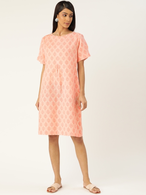 

Ancestry Women Peach-Coloured Ethnic Motifs Print Linen Cotton A-Line Dress