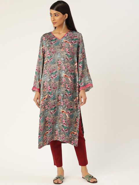 

Ancestry Women Grey & Pink Ethnic Motifs Printed Kurta