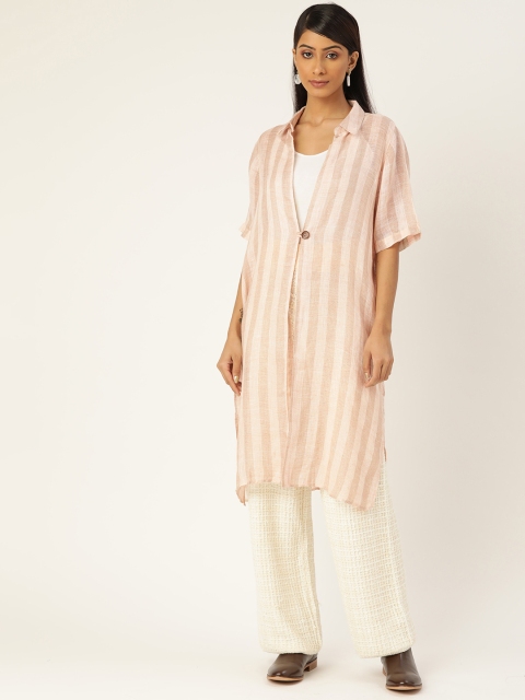 

Ancestry Women Peach-Coloured & Off White Linen Striped Longline Button Shrug