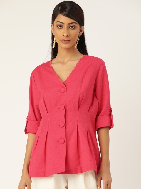

Ancestry Women Pink Solid Linen Cotton A-Line Top
