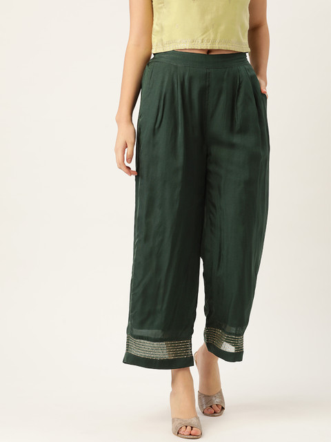 

Ancestry Women Green Solid Parallel Trousers
