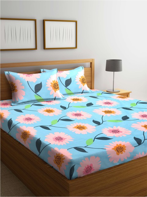 

KLOTTHE Blue & Pink Floral 210 TC King Bedsheet with 2 Pillow Covers