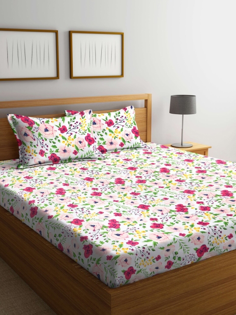 

KLOTTHE White & Pink Floral 210 TC King Bedsheet with 2 Pillow Covers