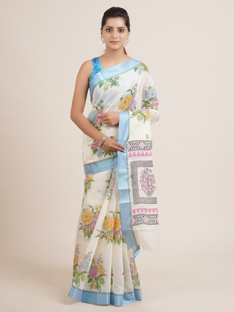 

Pothys Off White & Blue Floral Printed Chanderi Saree