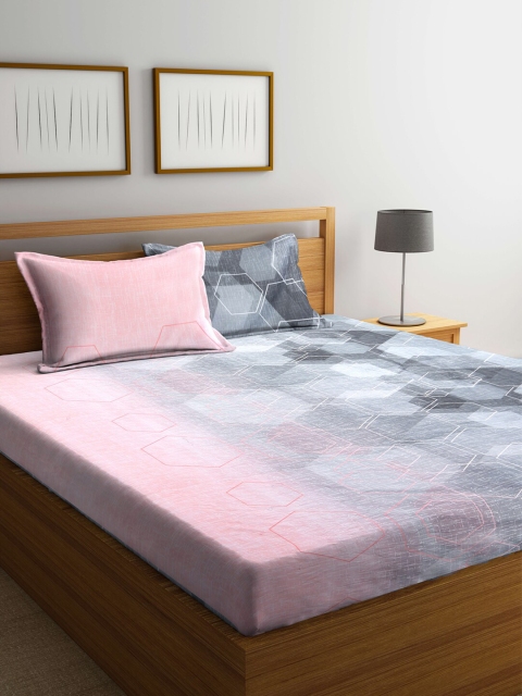 

KLOTTHE Pink & Grey Geometric 210 TC Pure Cotton King Bedsheet with 2 Pillow Covers