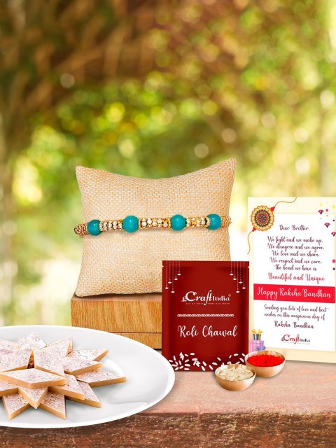 

eCraftIndia Gold-Toned & Sea Green Rakhi Gift Set