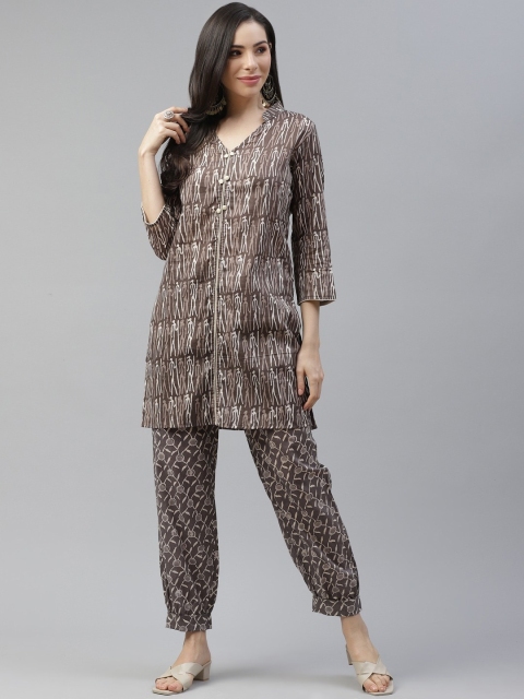

Cottinfab Women Brown Abstract Print Kurti with Harem Pants