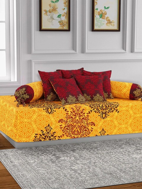 

Salona Bichona 8-Pieces Yellow & Maroon Printed 120 TC Pure Cotton Diwan Set