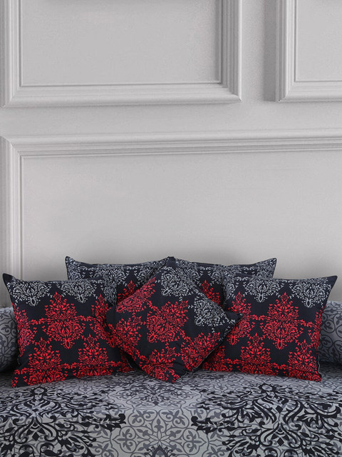 

Salona Bichona Set Of 8 Grey & Maroon Printed Pure Cotton Bedsheet With Bolster & Cushion Covers