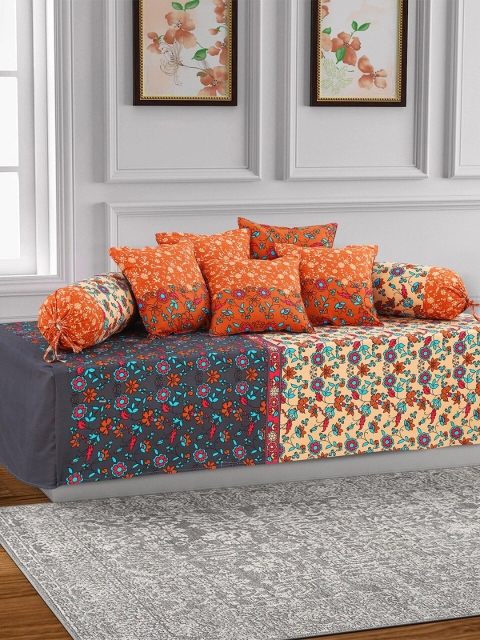 

Salona Bichona Set Of 8 Mustard-Yellow & Orange Floral Printed 120 TC Pure Cotton Bedsheet With Bolster & Cushion Covers