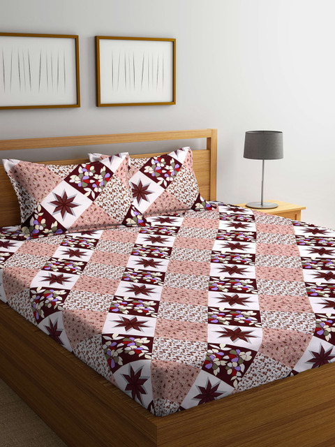 

KLOTTHE White & Maroon Floral 210 TC Queen Bedsheet with 2 Pillow Covers