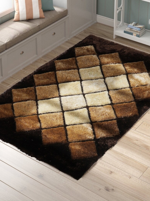 

SANDED EDGE Brown & Beige Geometric Patterned Handcrafted Shaggy Carpet