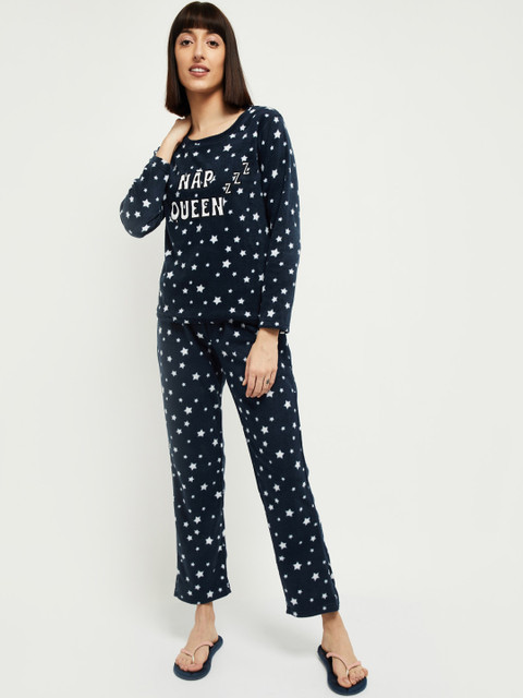 

max Women Navy Blue & White Printed Night suit