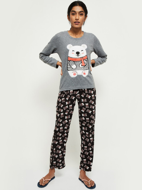 

max Women Grey & Black Printed Night Suit