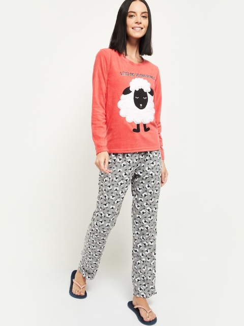 

max Women Pink & Grey Printed Night suit