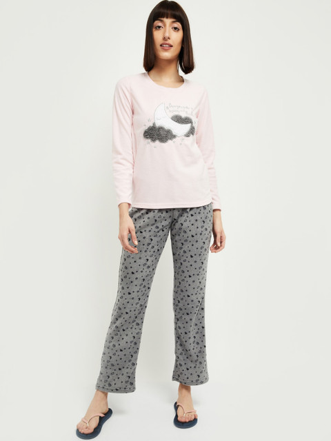 

max Women Pink & Grey Printed Night Suit