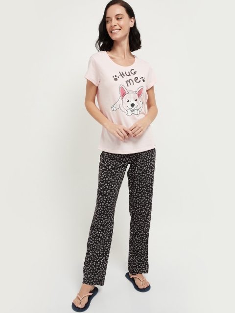 

max Women Pink & Black Printed Night Suit