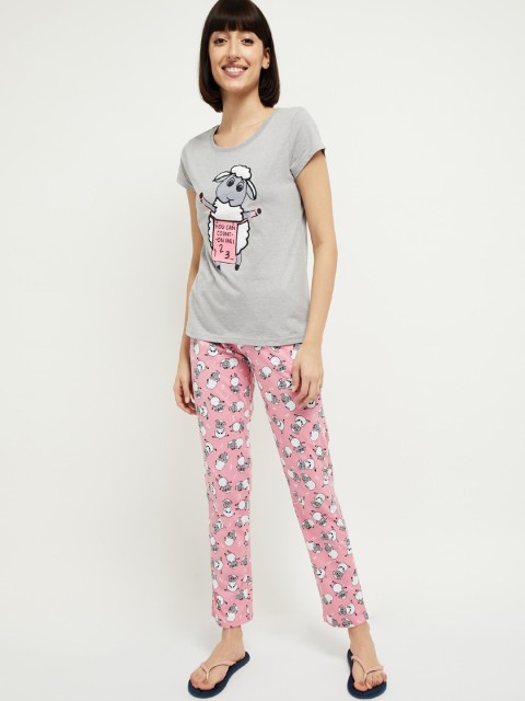 

max Women Grey Melange & Pink Printed Pure Cotton Night suit