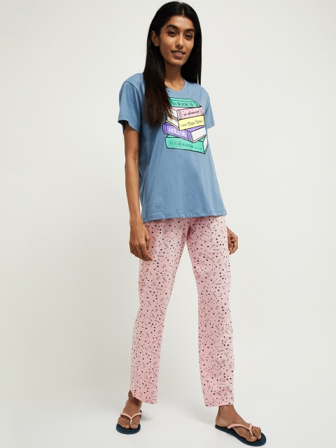 

max Women Blue & Pink Printed Night suit
