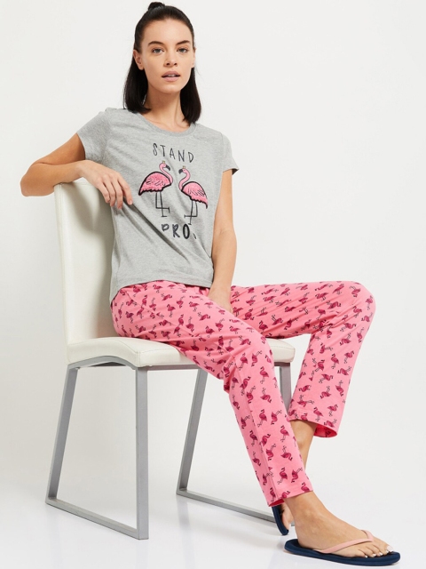 

max Women Grey Melange & Pink Printed Night Suit