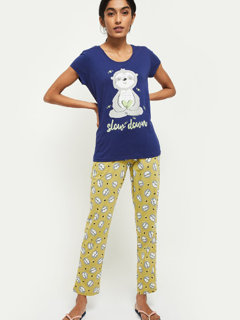 

max Women Blue & Yellow Printed Night Suit